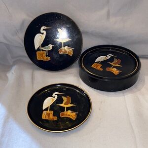 Bx47 Vintage Otagiri Japan Black Lacquerware 6 Coaster Set With Storage Box